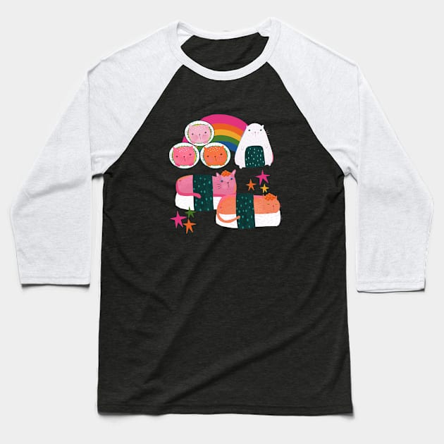 Sushi Cat Rainbow Rolls Baseball T-Shirt by Kathy Osborne Studio